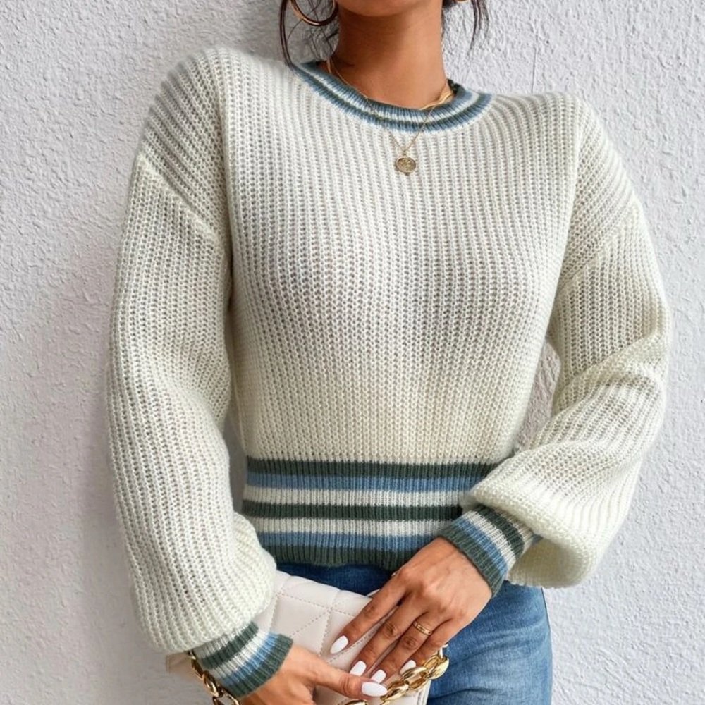 Essnce Striped Trim Drop Shoulder Sweater Sz Medium